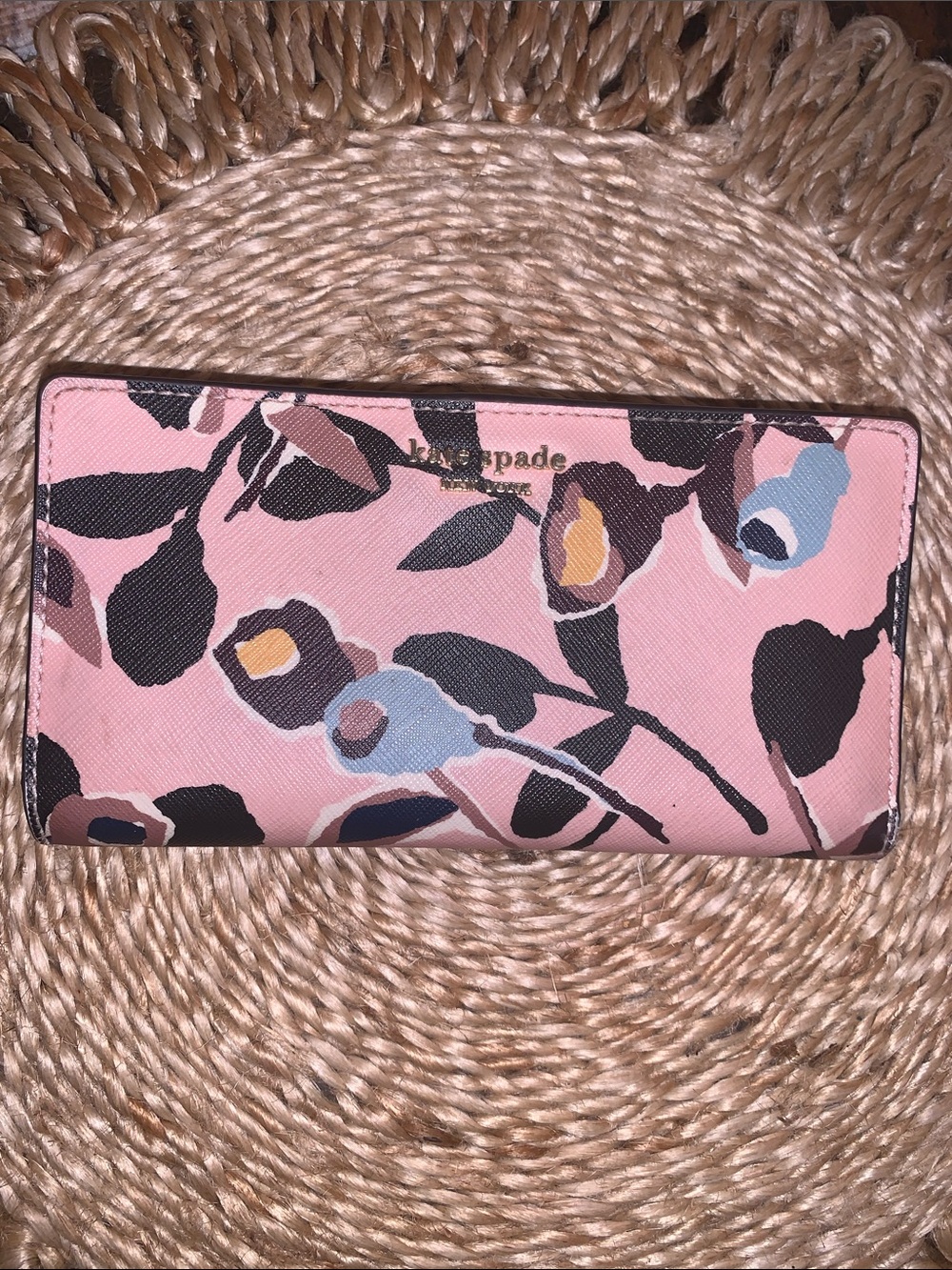 kate spade Cameron Pink Floral Bifold Wallet with Blue and Black Accents